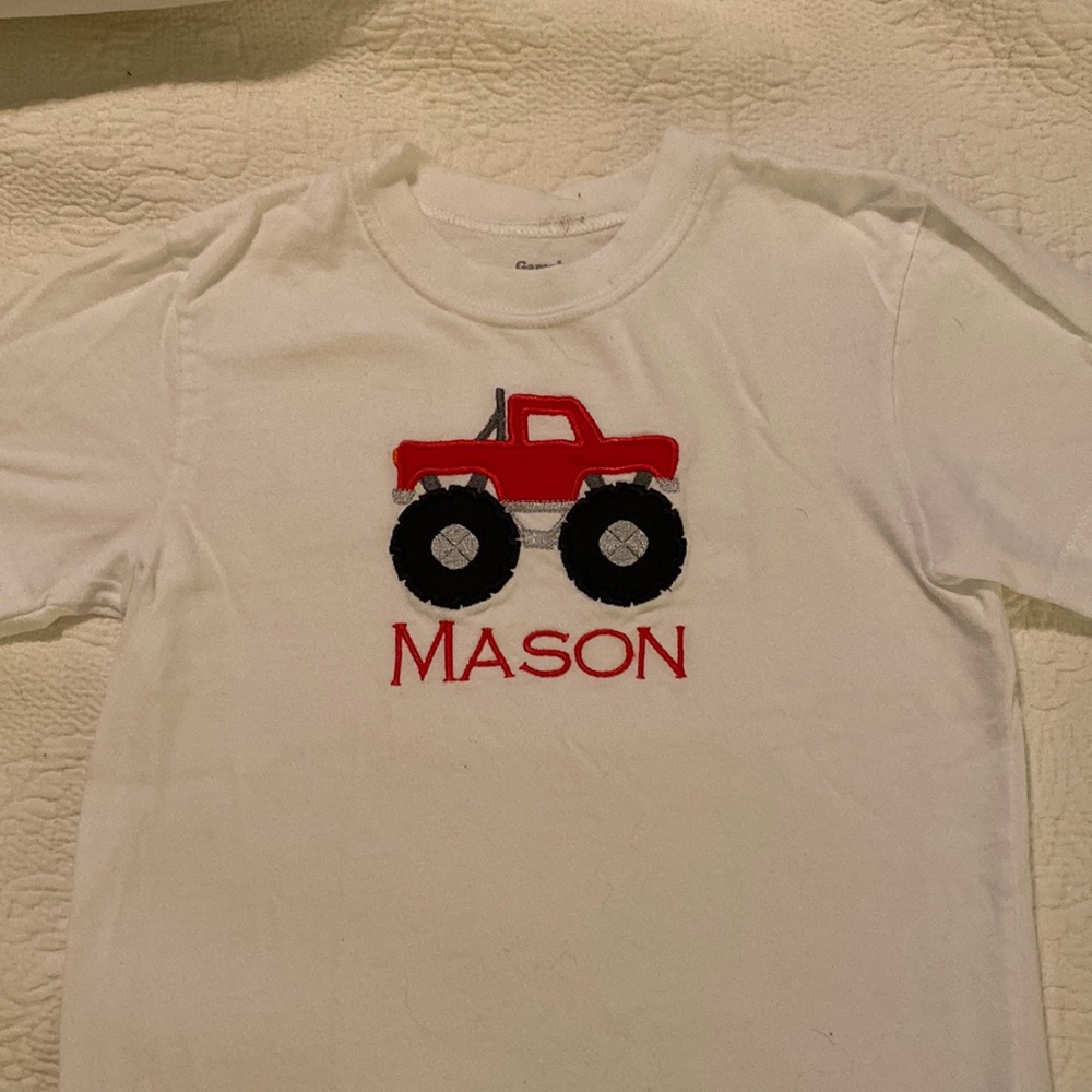 Appliquéd “Mason” monster truck white t shirt. Never worn